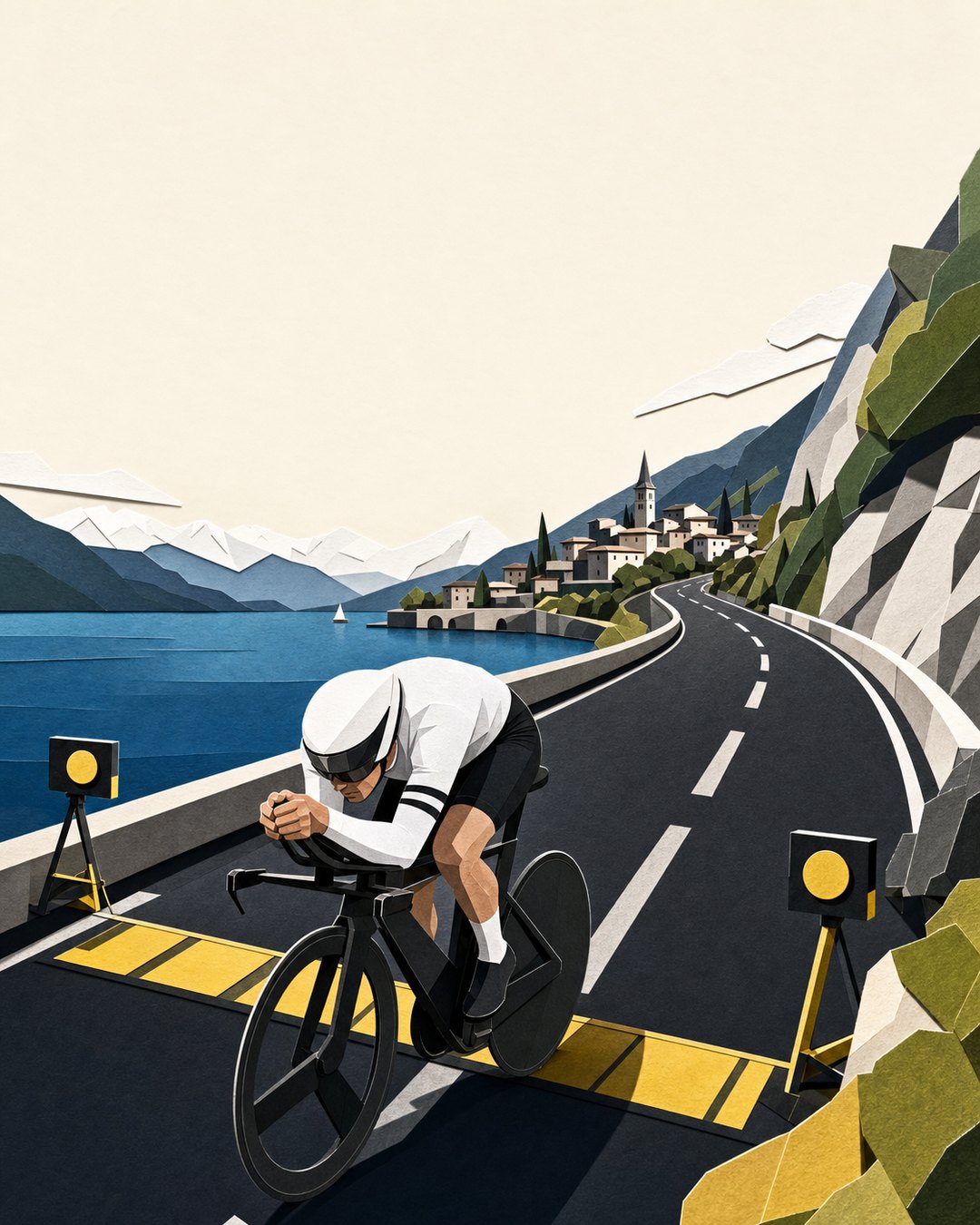 Solo time trial rider racing beside an alpine lake against timing markers.