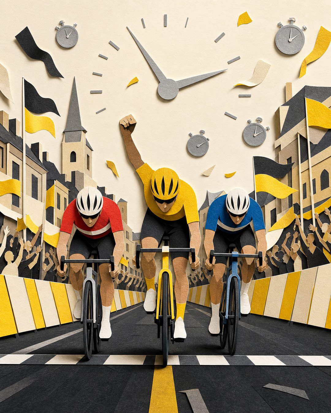 Finish sprint with clock motifs above the riders.