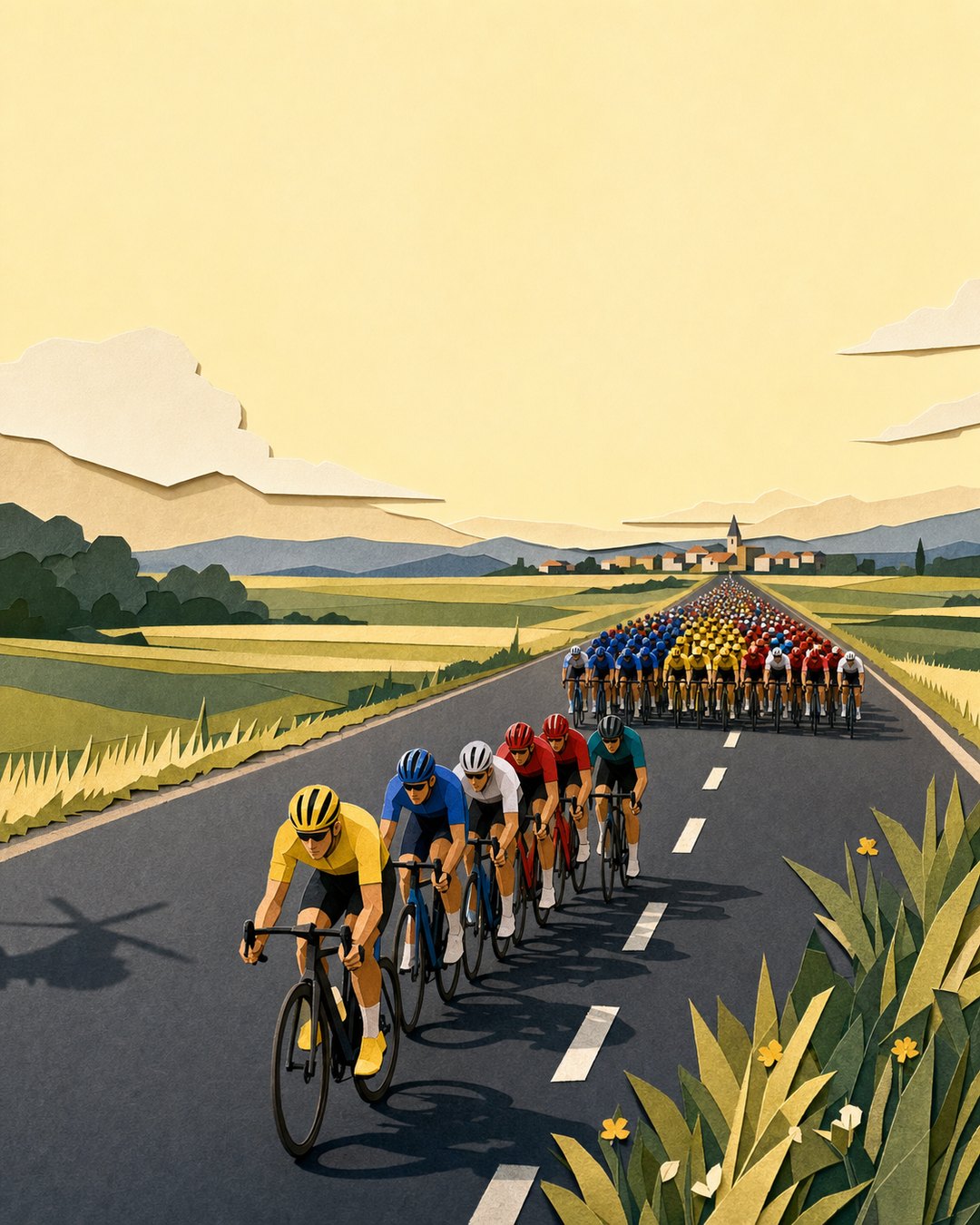 Small breakaway group ahead of a distant peloton chasing across open fields.