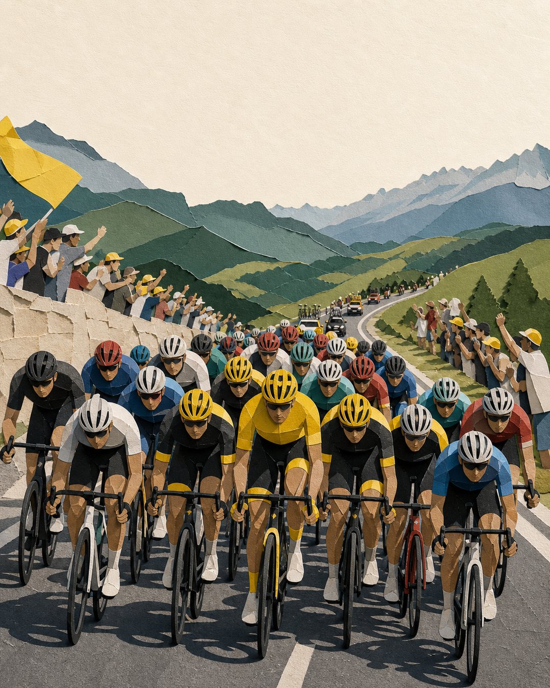 Peloton riding through mountains with a protected yellow jersey leader.