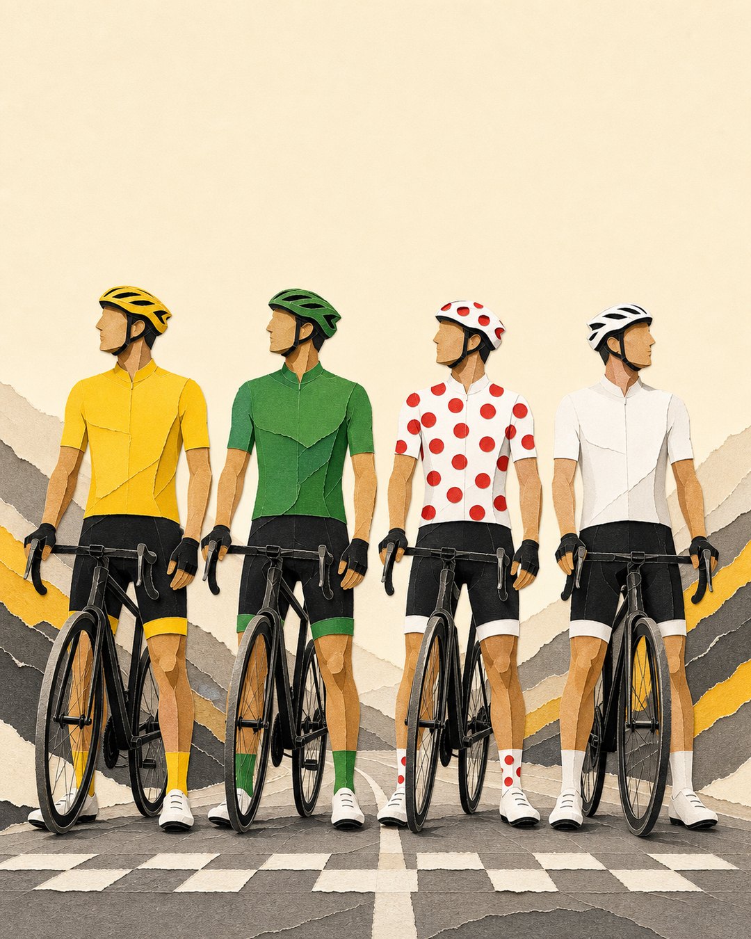 Four generic cyclists in yellow, green, polka-dot, and white jerseys.