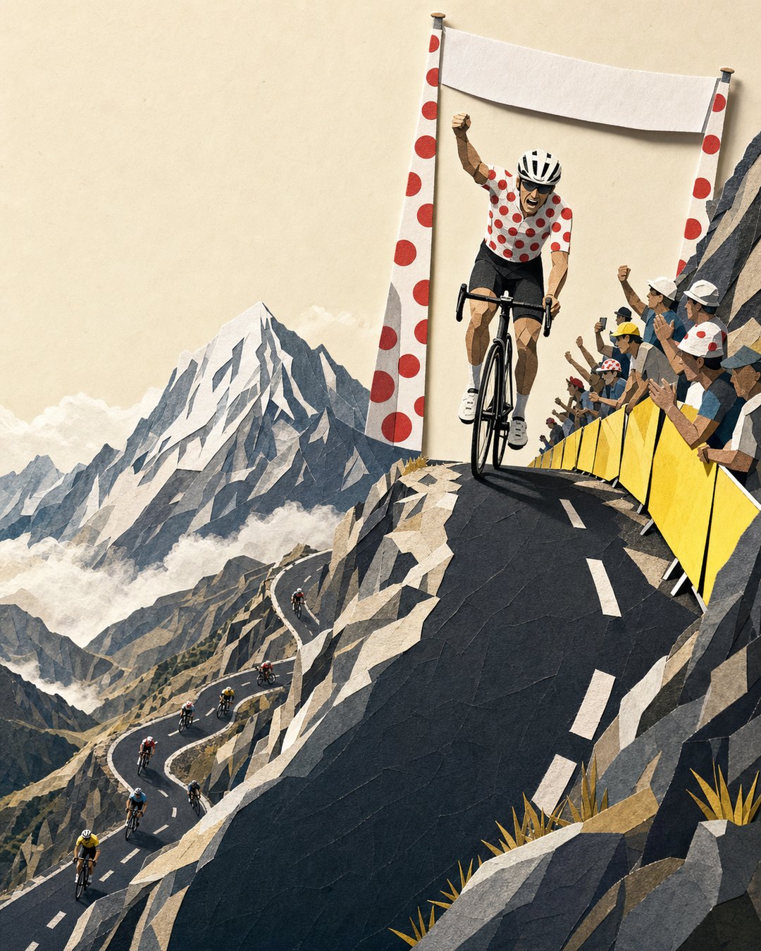 Polka-dot climber cresting a steep alpine summit.