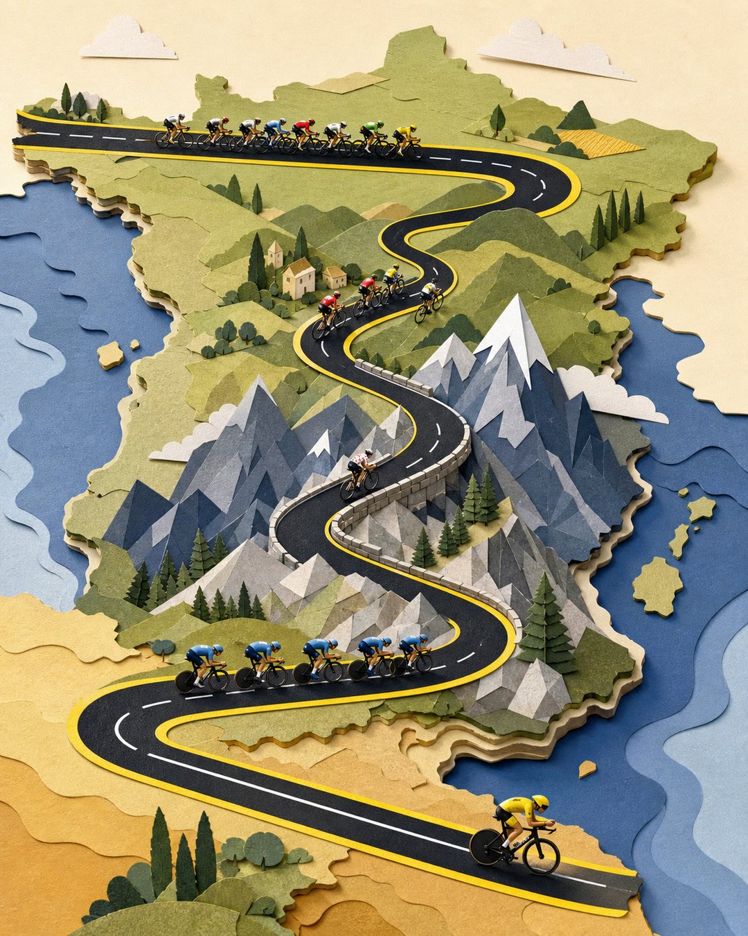 Layered route showing flat roads, hills, mountains, and time trials.