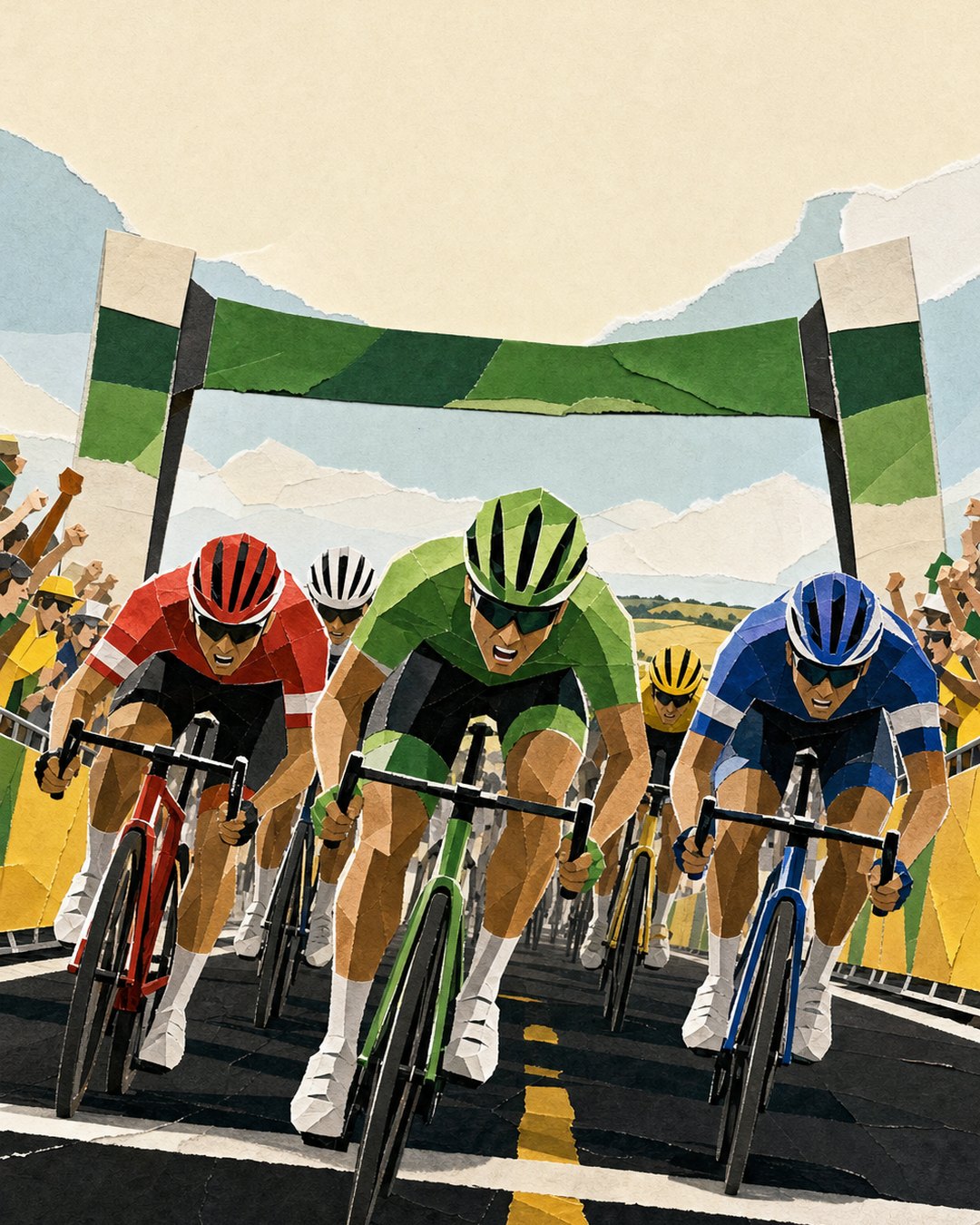 Sprinters lunging for an intermediate sprint line under a green arch.