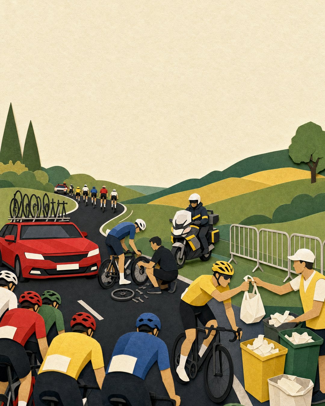 Feed zone and team-car support scene with riders and mechanics.