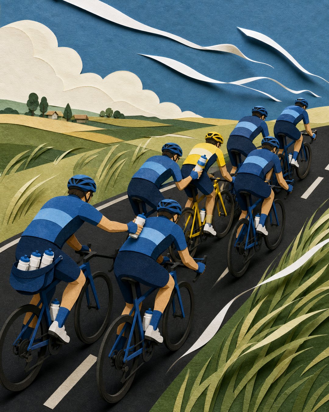 Blue teammates shielding a leader from crosswinds.