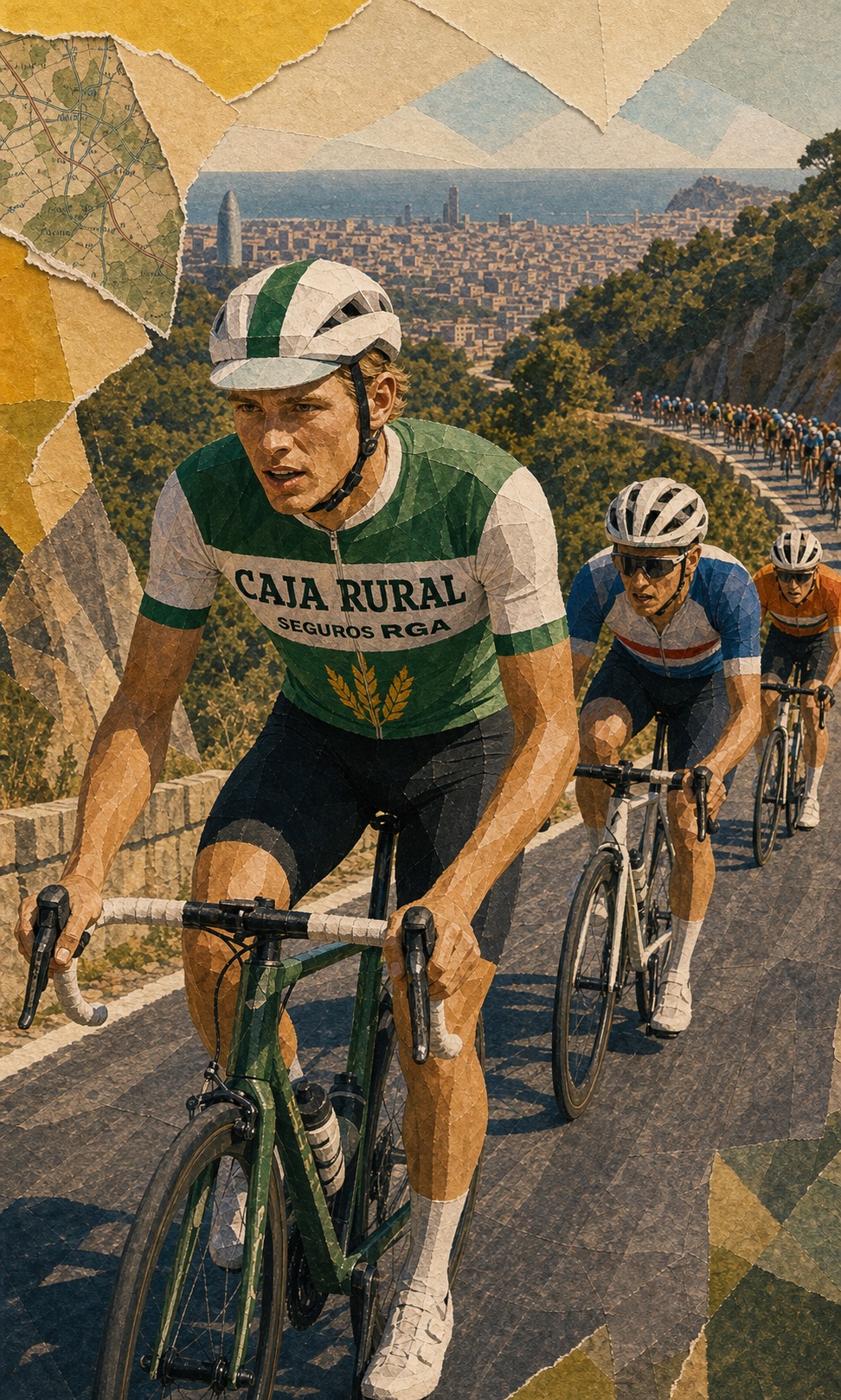 Editorial illustration of Alex Molenaar climbing in Caja Rural-Seguros RGA kit with the Barcelona roads and peloton behind him.