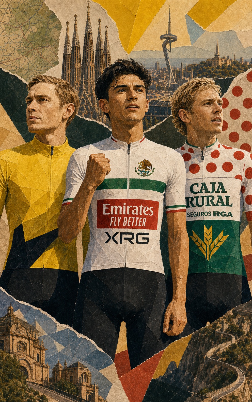 Editorial poster showing Jonas Vingegaard in yellow, Isaac del Toro in Mexico champion colors, and Alex Molenaar in the mountains jersey.