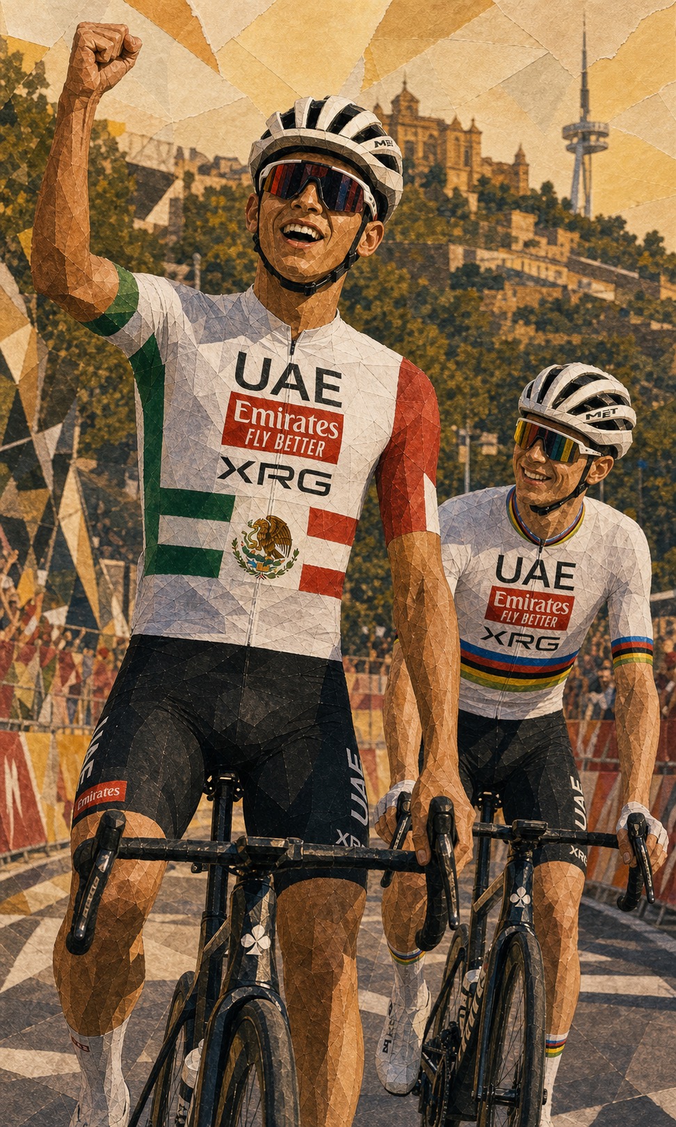 Editorial illustration of Isaac del Toro celebrating on the bike with Tadej Pogačar behind him in Barcelona.