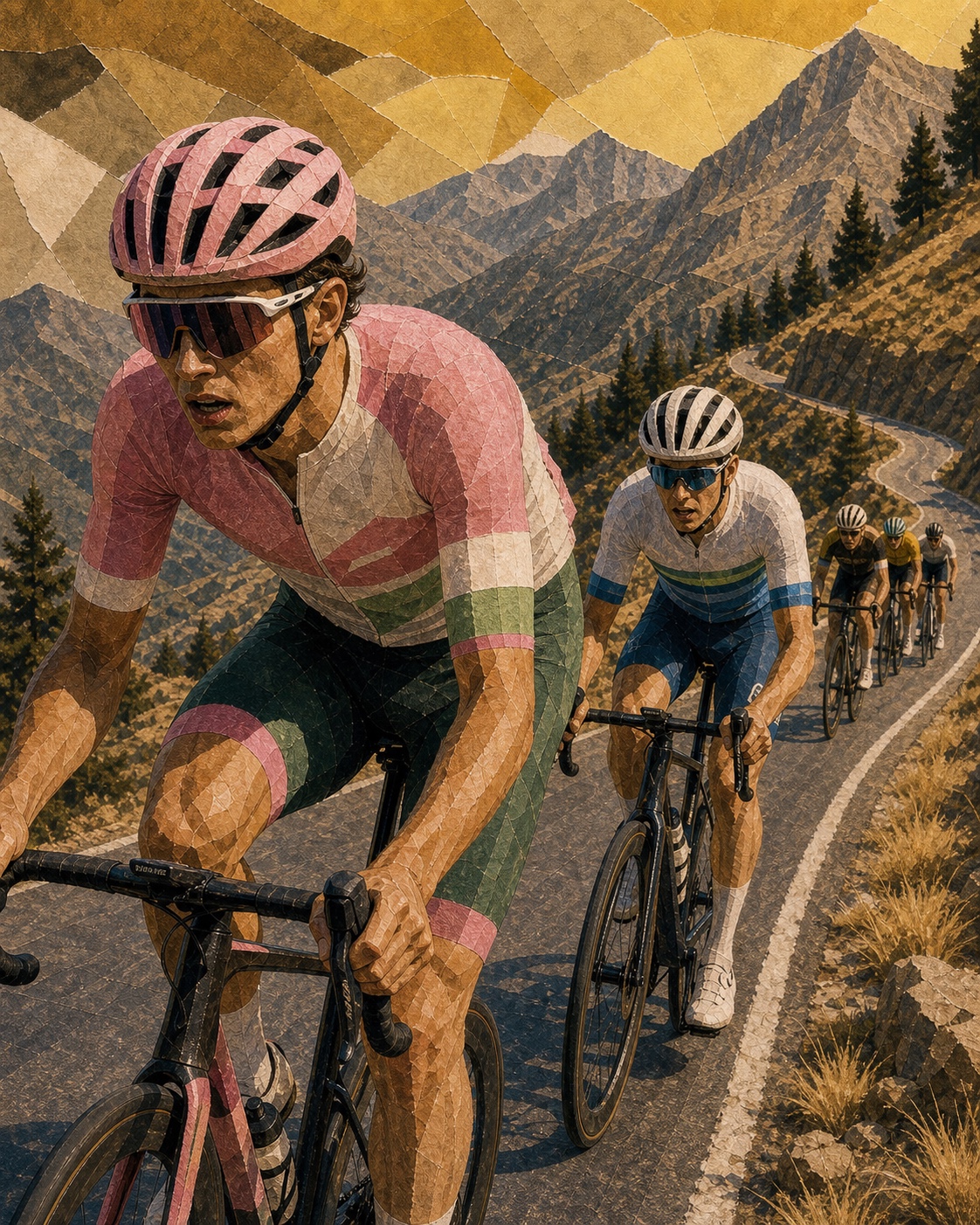 Editorial illustration of Alex Baudin climbing in EF Education-EasyPost colors on a wildfire-hazed Pyrenean road.