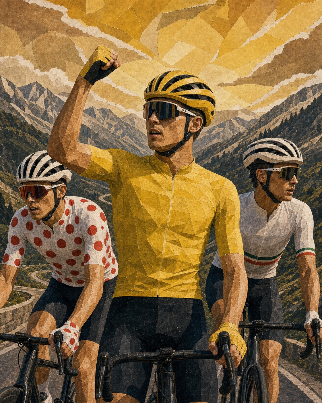 Editorial poster showing Tadej Pogačar in yellow, Alex Baudin in polka dots, and Isaac del Toro in white after Stage 3.