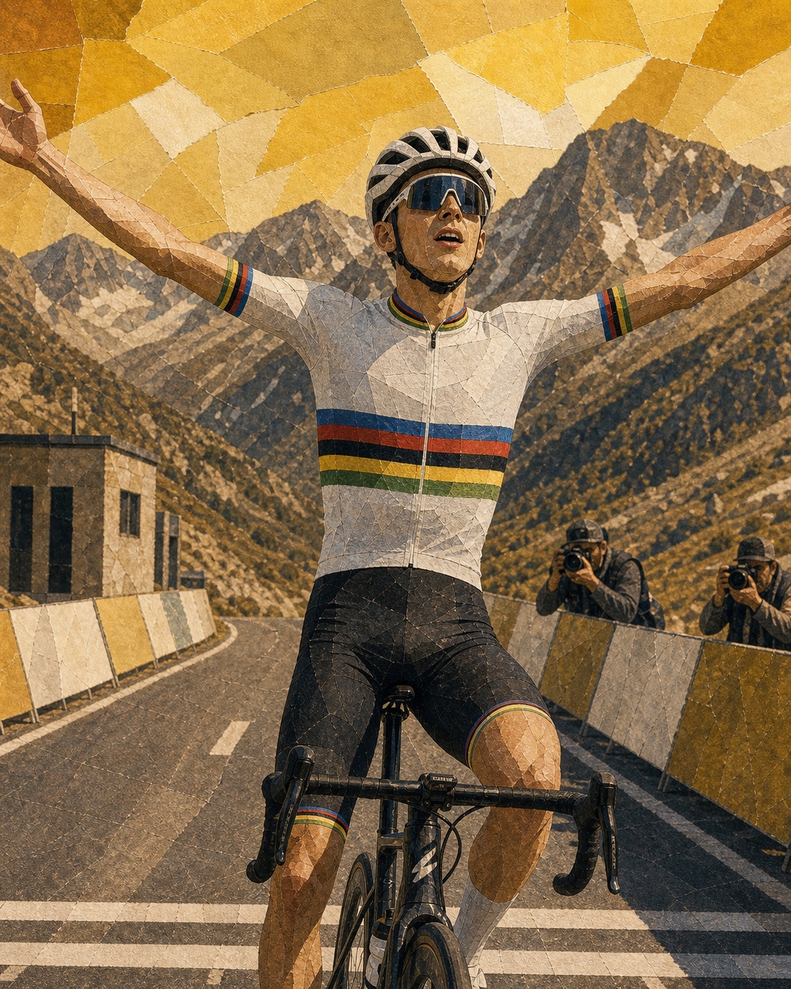Editorial portrait illustration of Tadej Pogačar celebrating in UAE Team Emirates-XRG kit after winning at Les Angles.