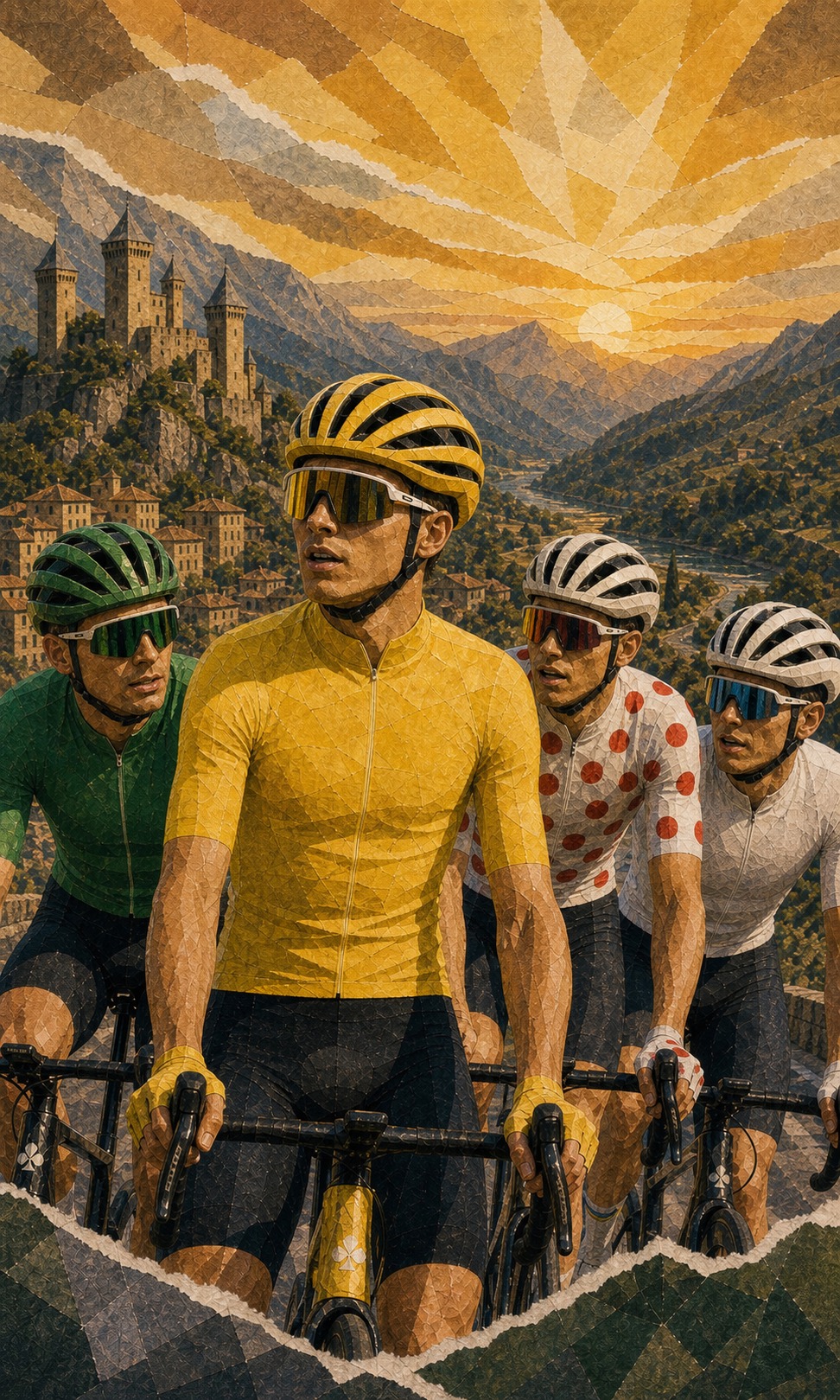 Editorial poster showing Torstein Træen in yellow with Mads Pedersen in green, Alex Baudin in polka dots, and Mathias Vacek in white after Stage 4.