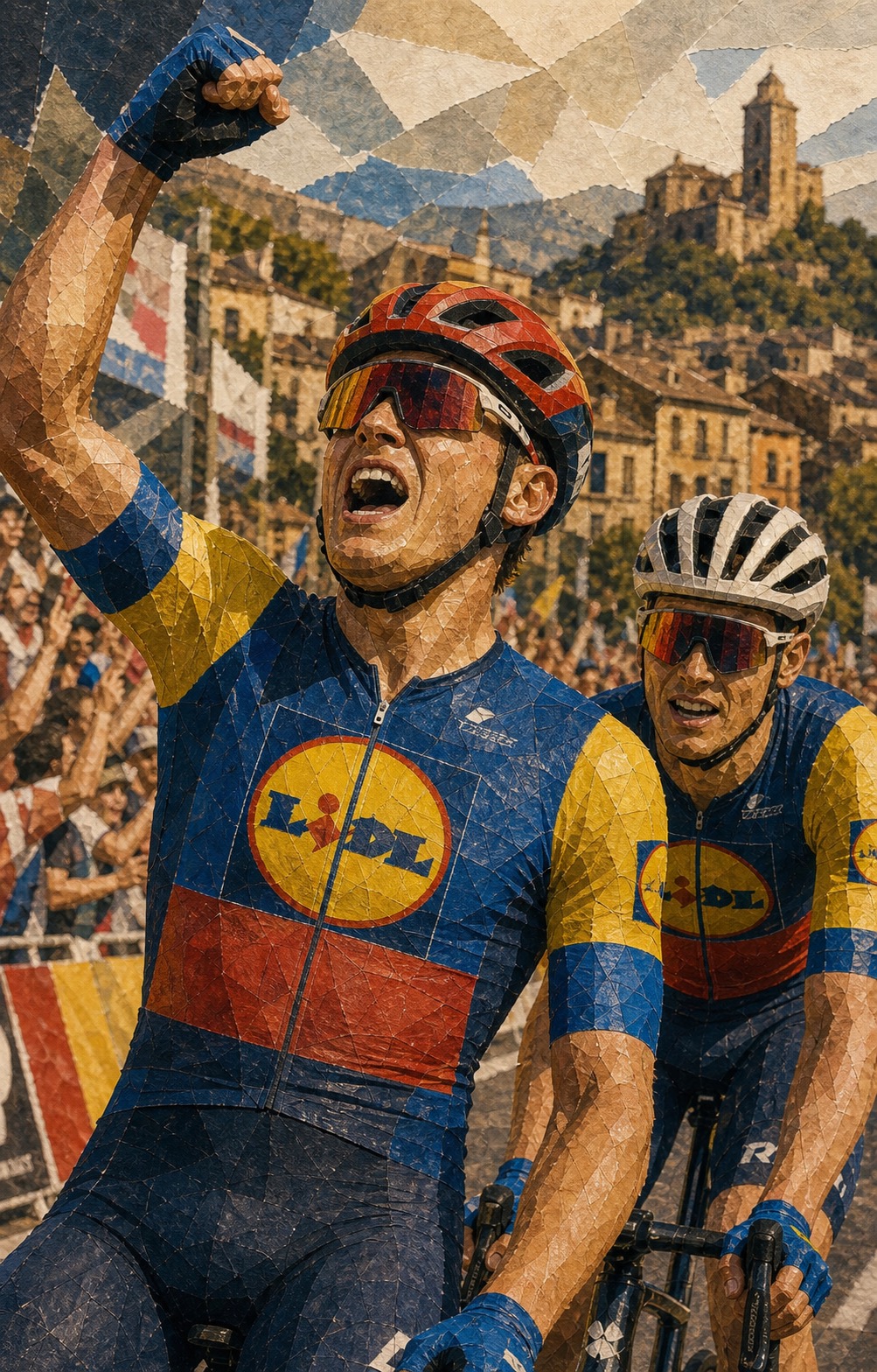 Editorial illustration of Mads Pedersen celebrating his Stage 4 victory in Foix with Quinn Simmons behind him.