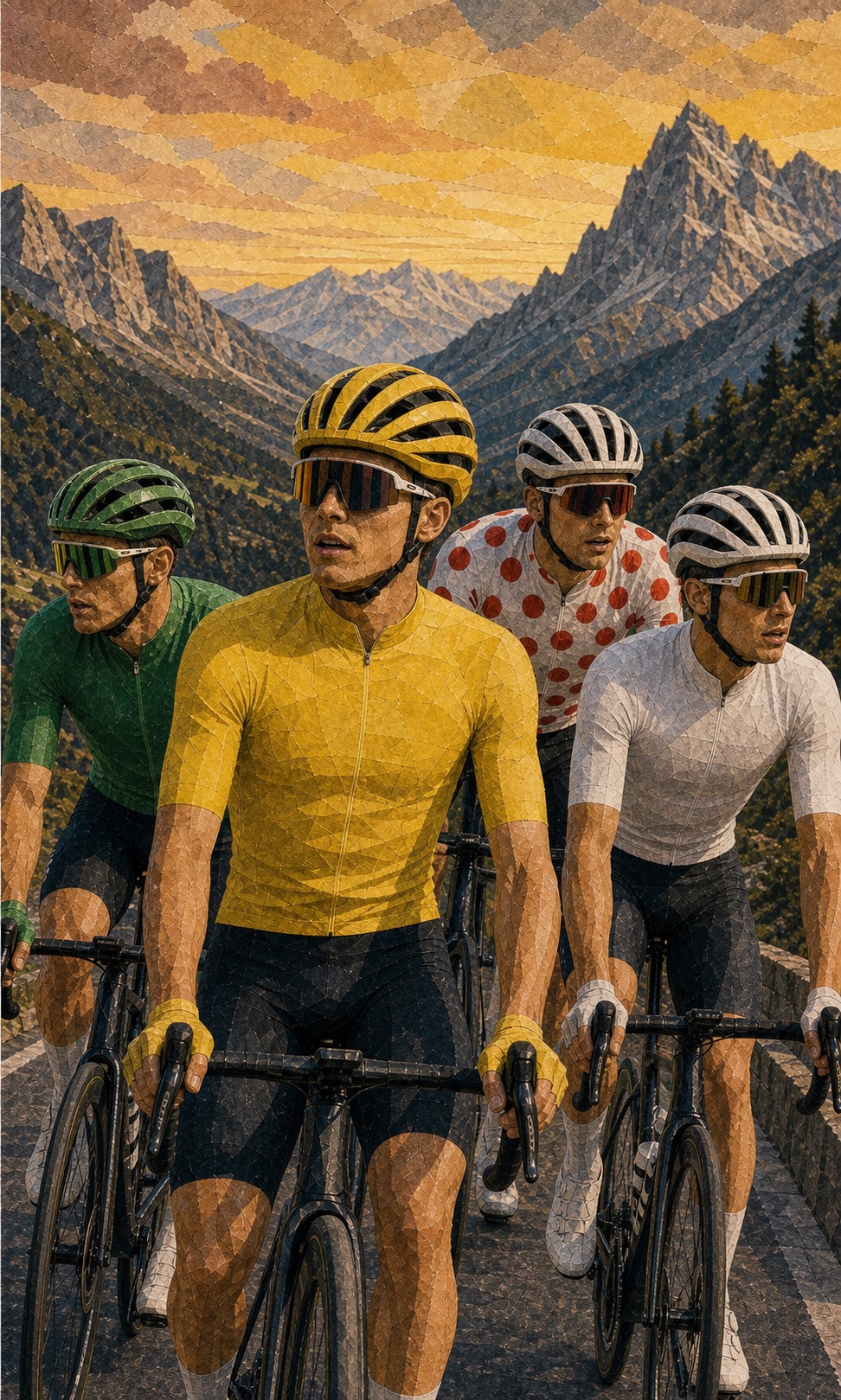 Editorial poster showing Torstein Træen in yellow with Mads Pedersen in green, Alex Baudin in polka dots, and Mathias Vacek in white after Stage 5.