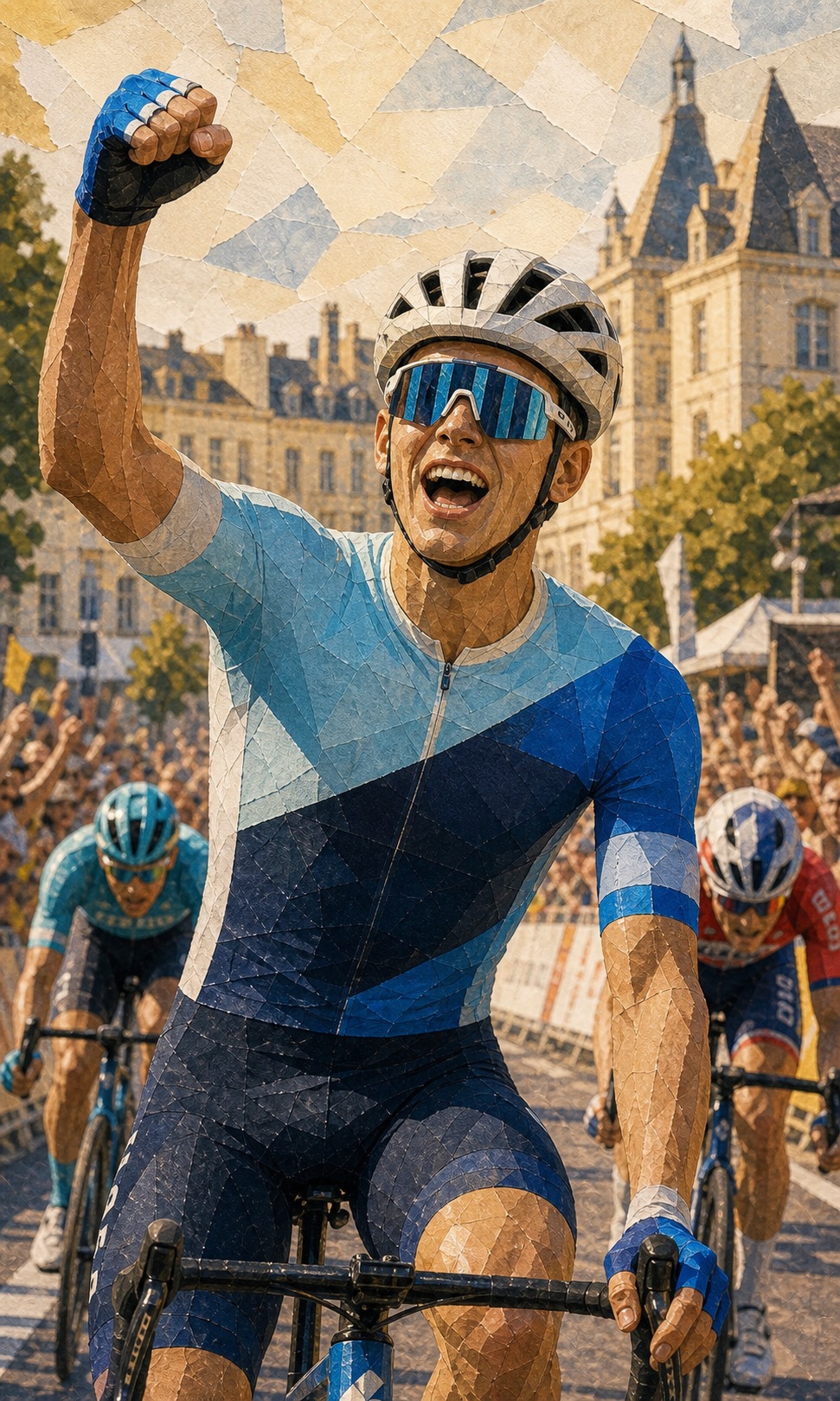 Editorial illustration of Olav Kooij celebrating his Stage 5 victory in Pau.