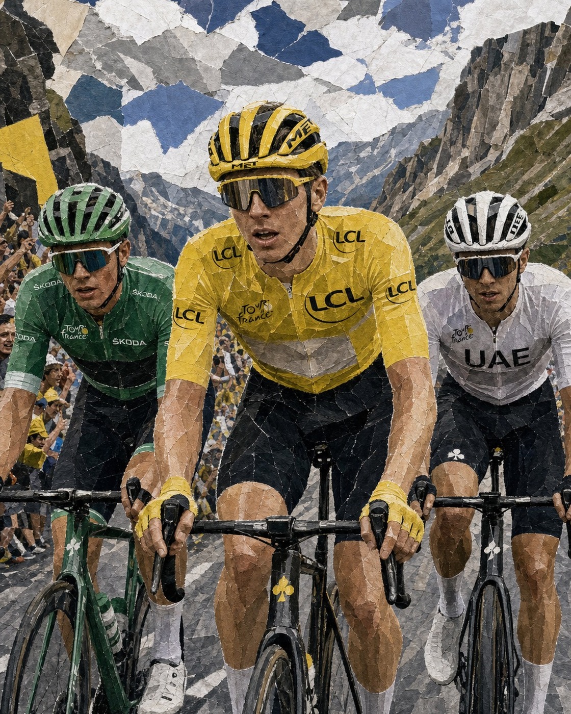Editorial poster showing Tadej Pogačar in yellow, Mads Pedersen in green, and Isaac del Toro in white after Stage 7 of the Tour de France.