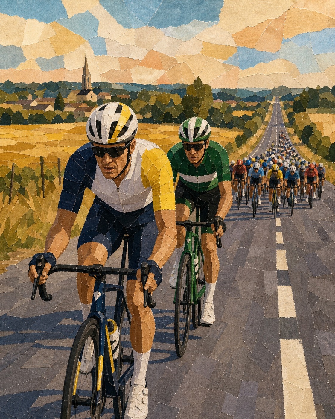 Editorial illustration of Baptiste Veistroffer and Jake Otruba in the Stage 7 breakaway with the Bordeaux-bound peloton lined out behind.