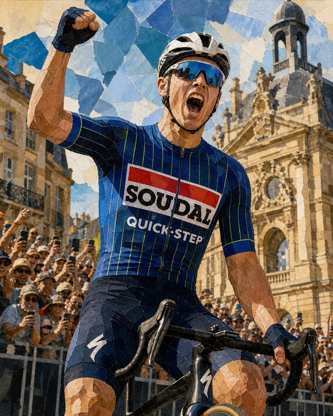 Editorial illustration of Tim Merlier celebrating his Stage 7 sprint win in Bordeaux in Soudal Quick-Step's blue-and-lime kit.