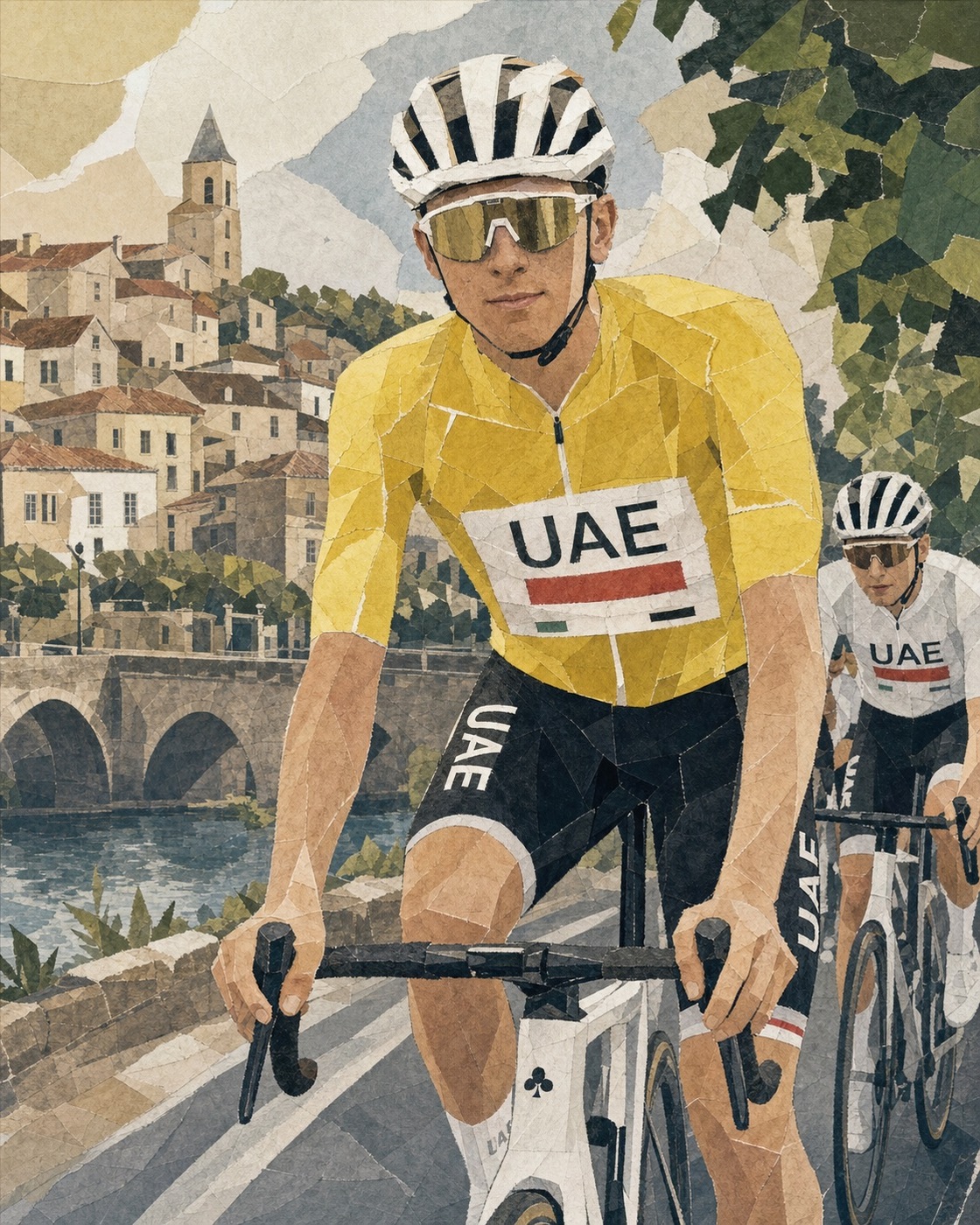 Editorial collage illustration of Tadej Pogačar in the yellow jersey riding with Isaac del Toro nearby after Stage 8 of the Tour de France.