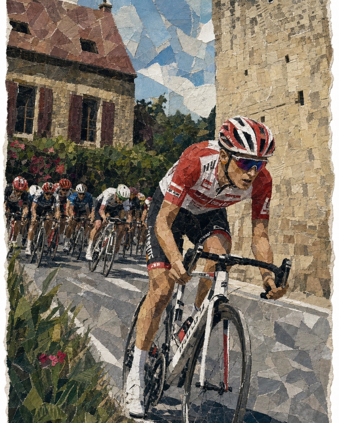 Editorial collage illustration of Liam Slock driving the Stage 8 breakaway through a Dordogne village with the bunch chasing behind.