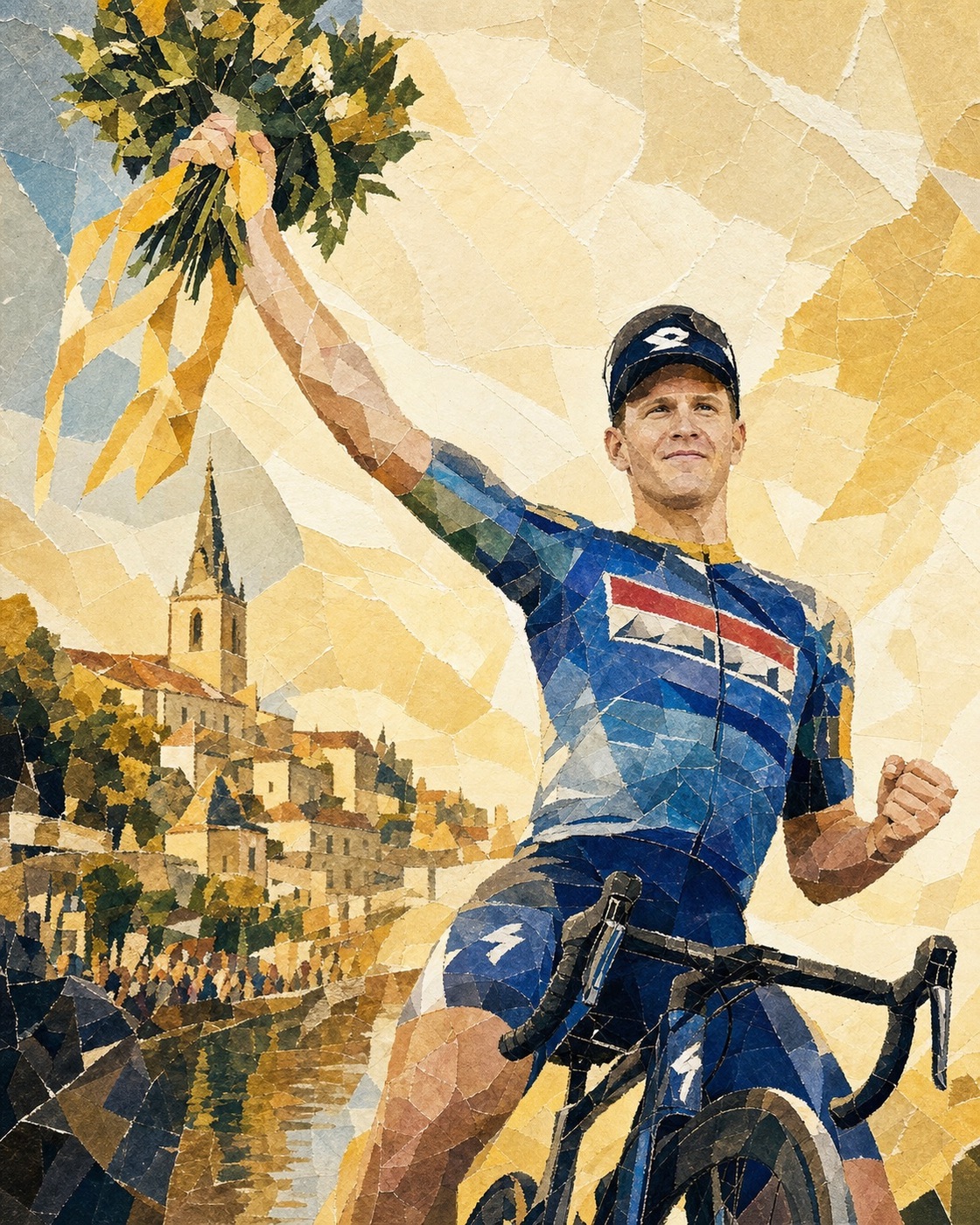 Editorial collage illustration of Tim Merlier celebrating his Stage 8 victory in Bergerac with flowers raised above his bike.