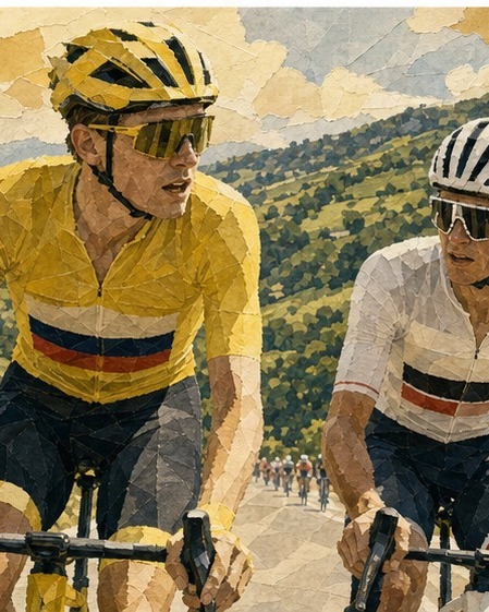 Editorial collage illustration of Tadej Pogačar in the yellow jersey riding beside Isaac del Toro after Stage 9 in the hilly Corrèze landscape.