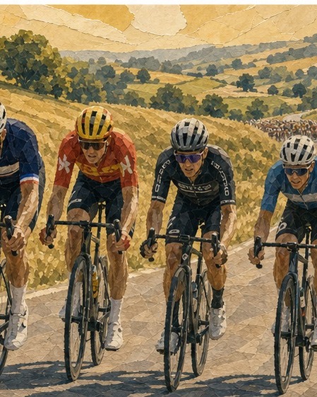 Editorial collage illustration of the decisive Stage 9 four-man breakaway driving toward Ussel with the peloton stretched out behind them.