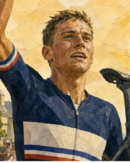 Editorial collage portrait of Mathieu van der Poel celebrating after his Stage 9 victory in Ussel.