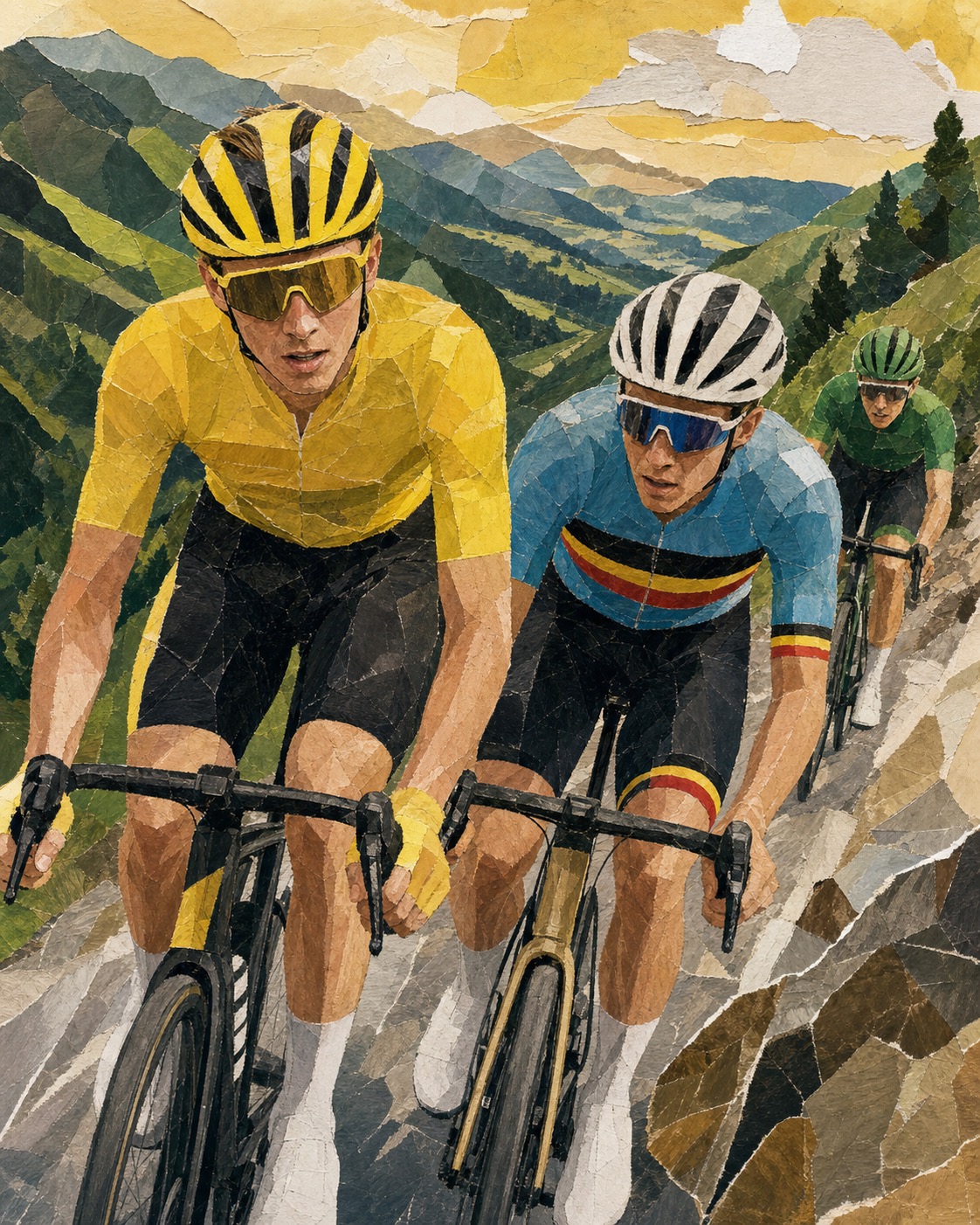Editorial collage illustration of Tadej Pogačar in the yellow jersey riding ahead of Remco Evenepoel, with Mads Pedersen hinted behind to suggest the jersey picture after Stage 10.