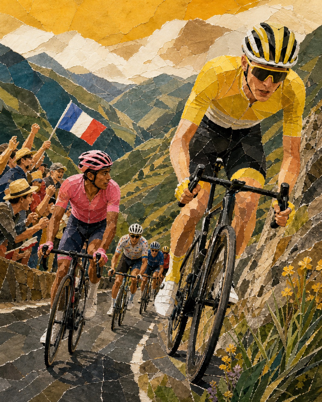 Editorial collage illustration of Tadej Pogačar surging past Richard Carapaz on a steep Stage 10 climb with the chasers scattered behind them.