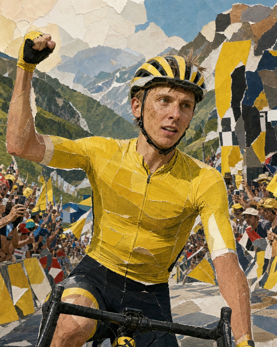 Editorial collage portrait of Tadej Pogačar celebrating after winning Stage 10 in Le Lioran while still wearing the yellow jersey.