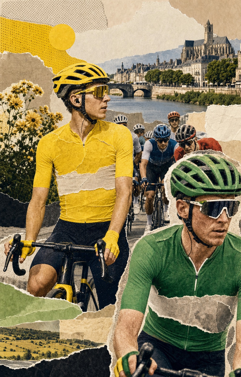 Editorial paper-collage illustration of Tadej Pogačar in yellow riding safely through the Nevers finish while Mads Pedersen's green-jersey battle lingers around him.