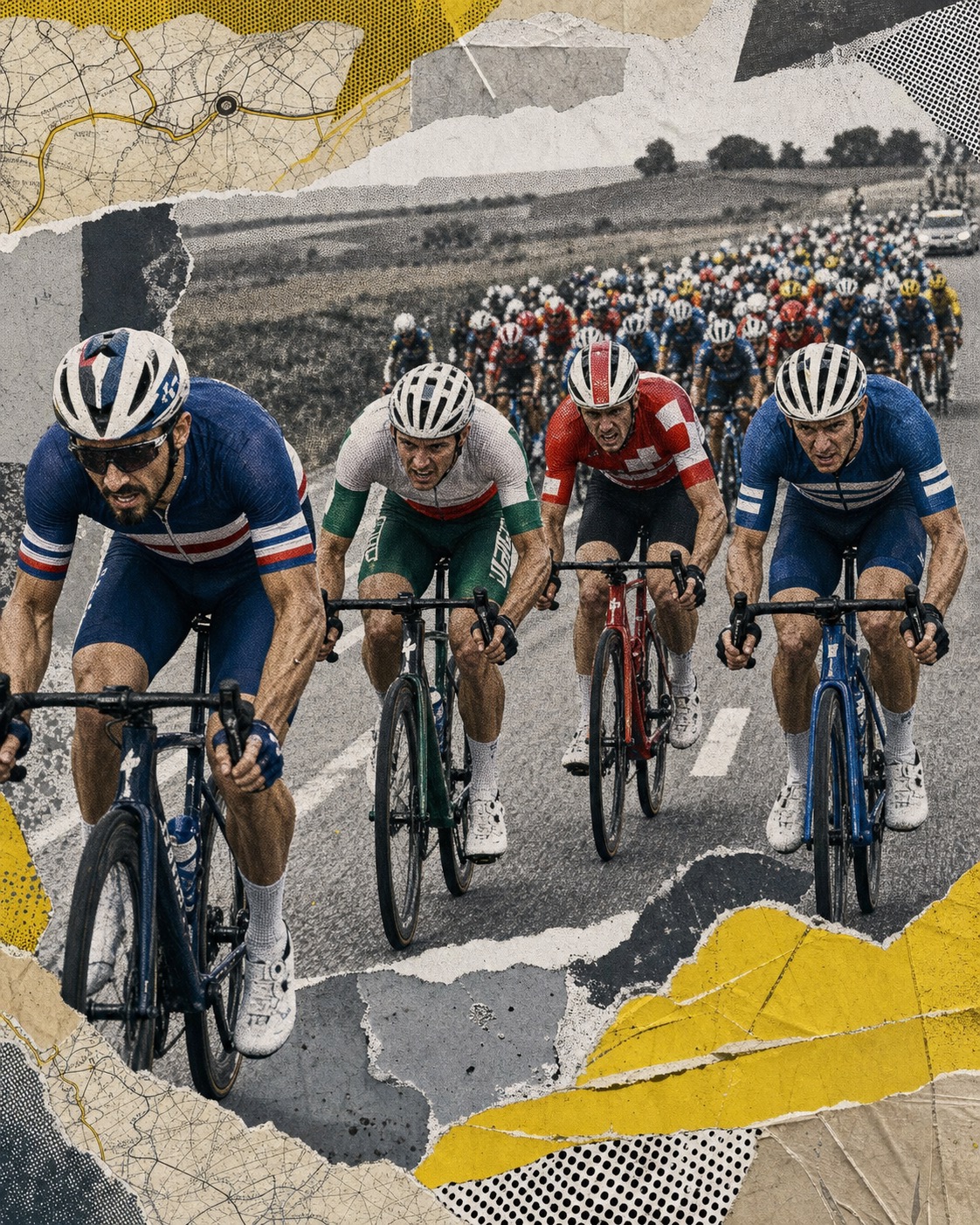 Editorial paper-collage illustration of Julian Alaphilippe, Nelson Oliveira, Anthon Charmig, and Mathis Le Berre straining ahead of the stretched peloton late in Stage 11.