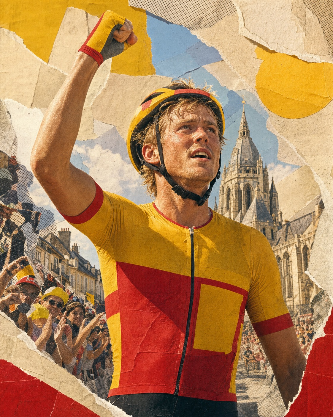 Editorial paper-collage portrait of Søren Wærenskjold celebrating after his Stage 11 victory for Uno-X Mobility in Nevers.