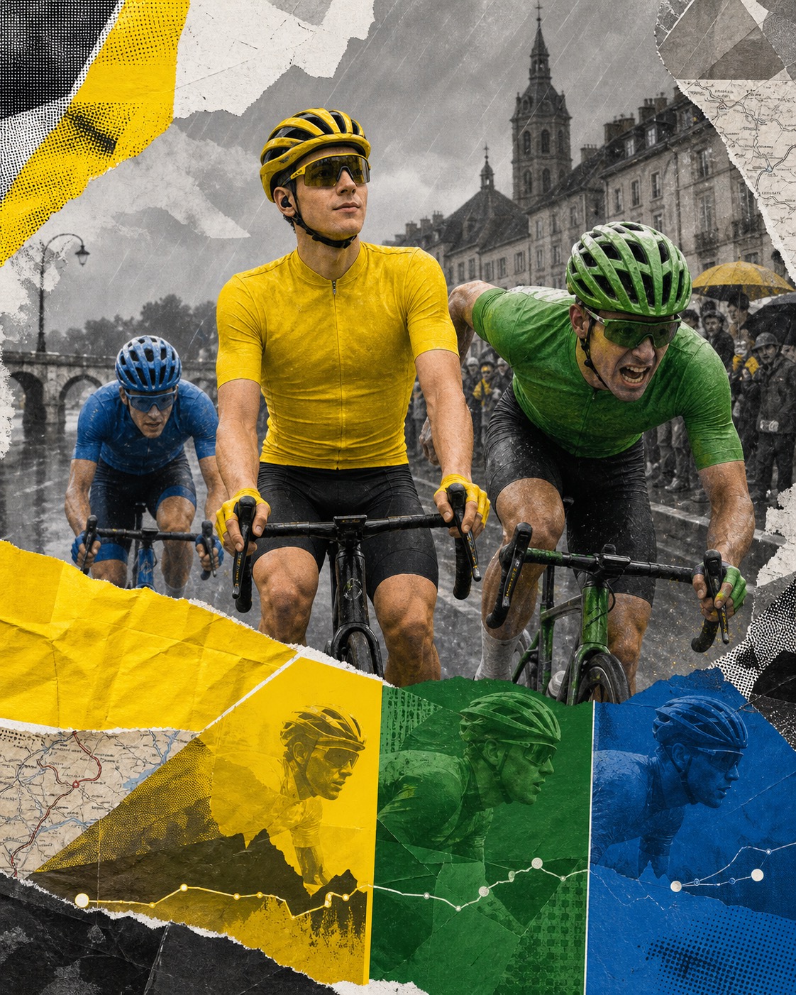 Editorial paper-collage illustration of Tadej Pogačar in yellow riding calmly while Mads Pedersen in green attacks nearby and Tim Merlier is suggested behind them.