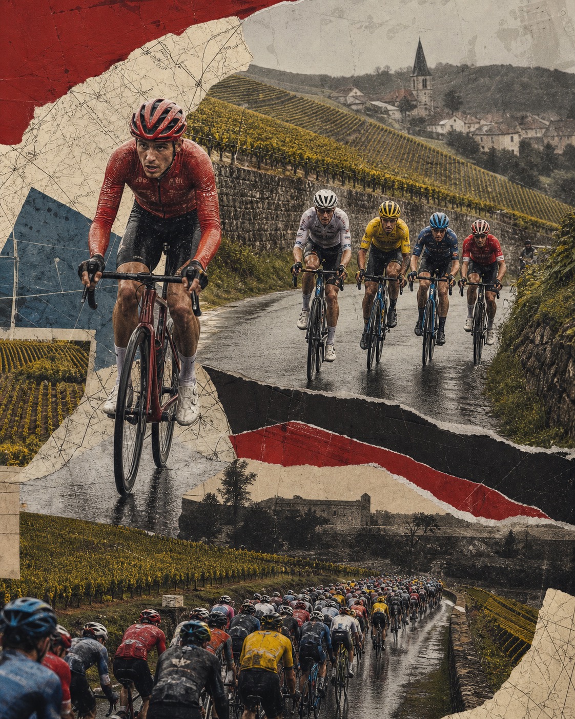 Editorial paper-collage illustration of Baptiste Veistroffer leading alone on wet Burgundy roads while a fractured group of attackers and the peloton churn behind him.