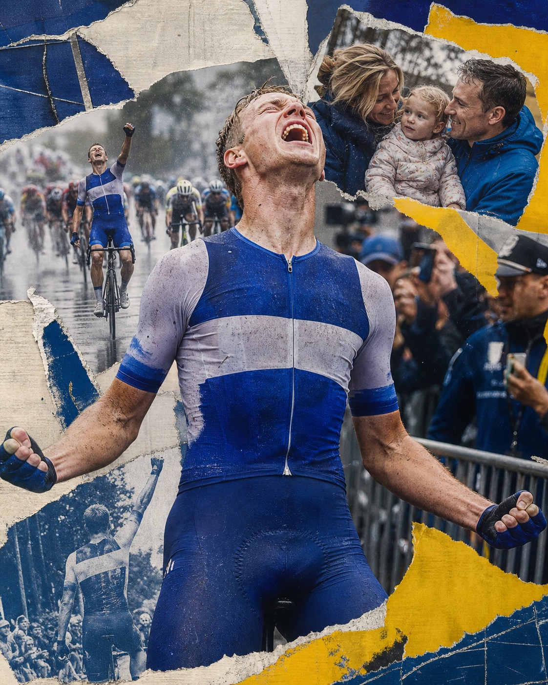 Editorial paper-collage portrait of Tim Merlier celebrating after winning Stage 12, with a rainy finish-line atmosphere and family-themed collage fragments around him.