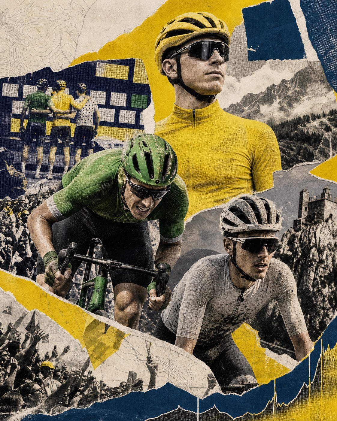 Editorial paper-collage illustration of Tadej Pogačar in yellow, Mads Pedersen in green, and Tom Pidcock rising on a classification board after Stage 13.