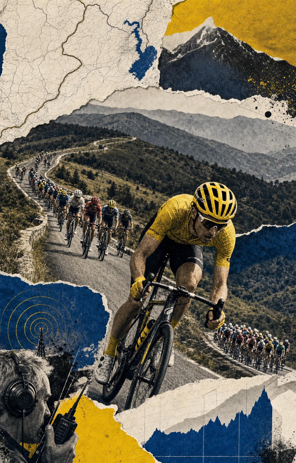 Editorial paper-collage illustration of a huge Stage 13 breakaway tearing across open roads with torn map scraps, sprint icons, and the Ballon d'Alsace profile layered behind.
