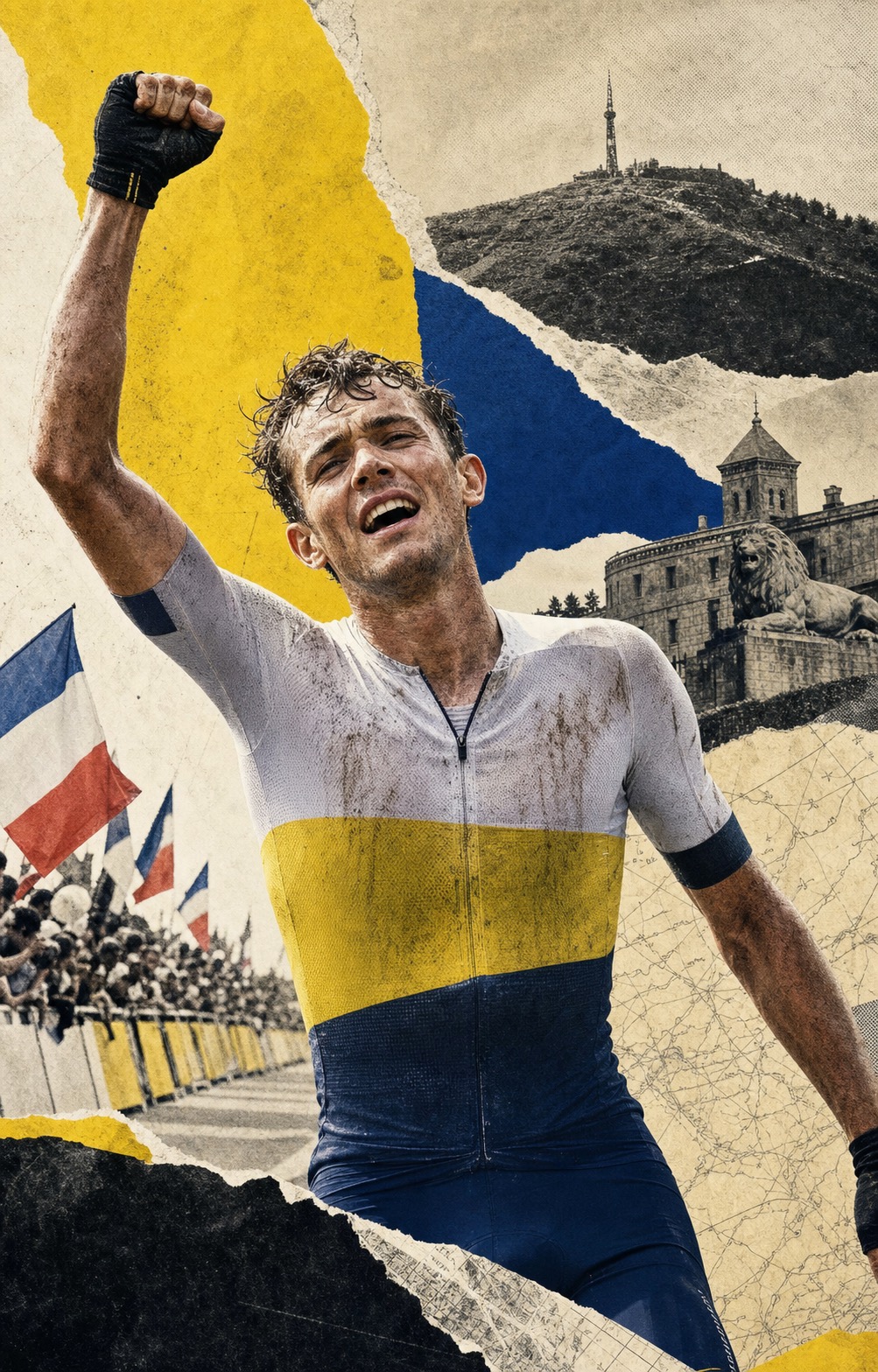 Editorial paper-collage portrait of Mauro Schmid celebrating after winning Stage 13, with torn yellow paper accents, Swiss red details, and Belfort finish-line fragments around him.