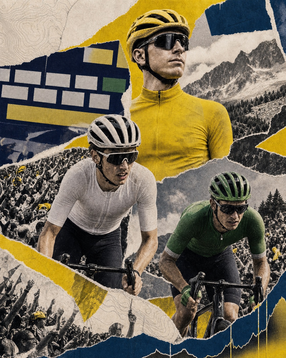 Editorial paper-collage illustration of Tadej Pogačar in yellow, Paul Seixas in white, and Mads Pedersen in green against mountain fragments and crowd textures after Stage 14.