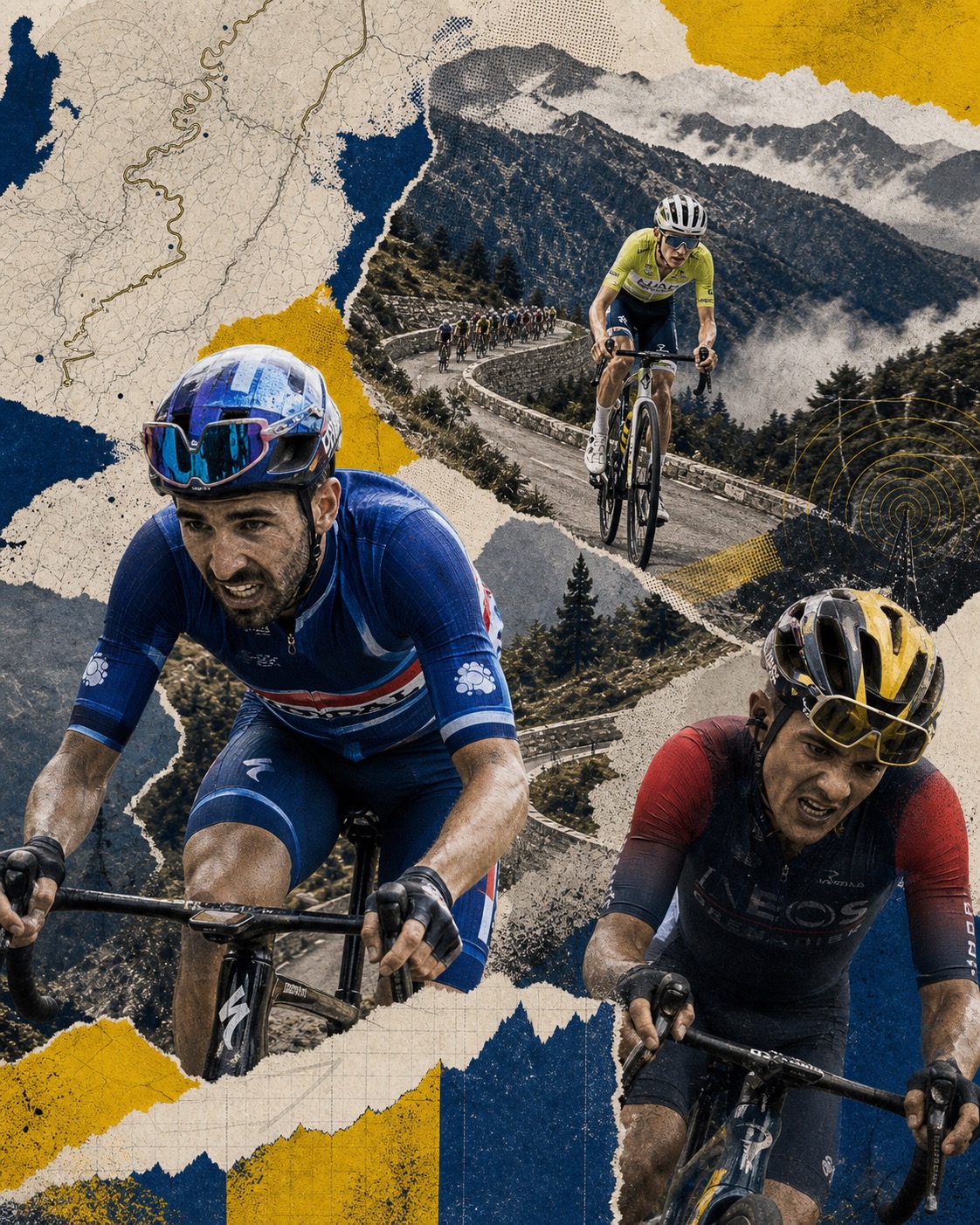 Editorial paper-collage illustration of Valentin Paret-Peintre and Richard Carapaz straining on Vosges climbs while Tadej Pogačar attacks higher on the road, with switchbacks and a stage-profile fragment layered behind.