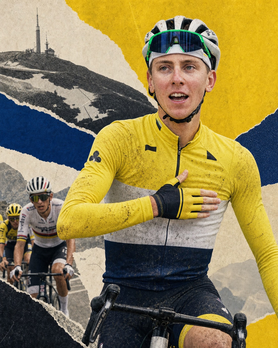 Editorial paper-collage portrait of Tadej Pogačar after winning Stage 14 at Le Markstein, hand on chest in the yellow jersey with mountain fragments and chasers behind.