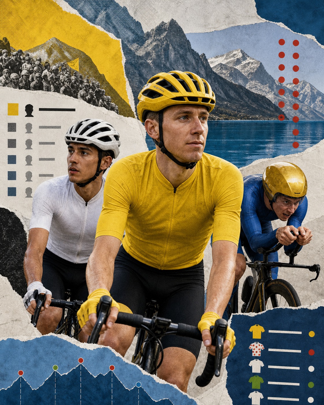 Editorial paper-collage illustration of Tadej Pogačar in yellow, Isaac del Toro as best-placed young contender, and Remco Evenepoel rising in the overall fight after Stage 16.