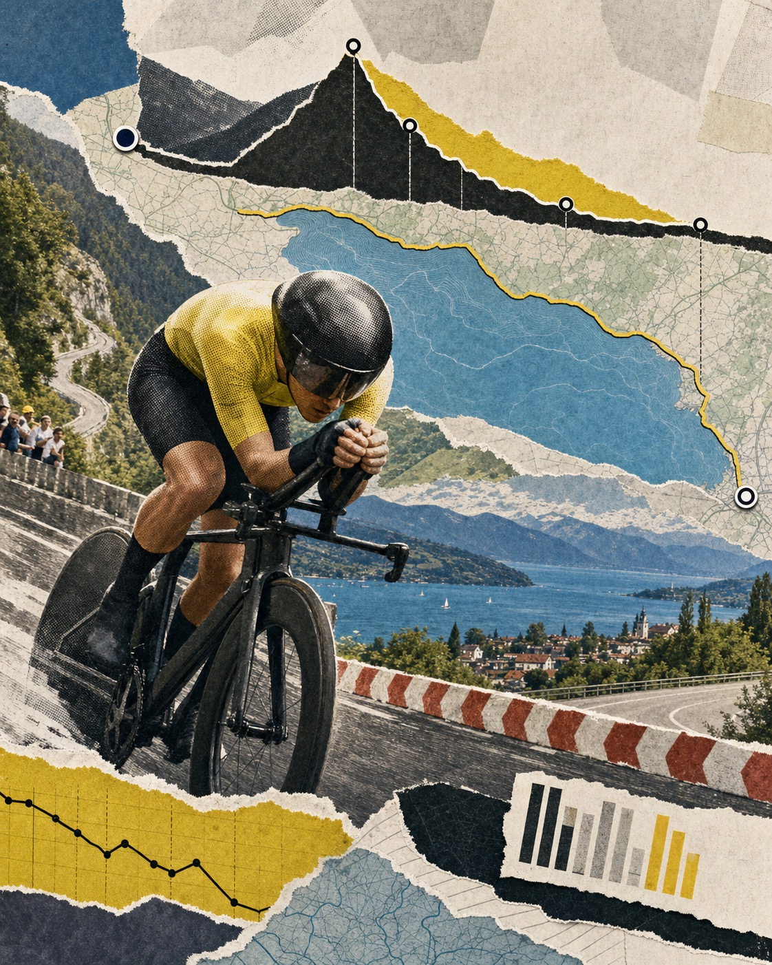 Editorial paper-collage illustration of the Stage 16 time-trial route with the Côte de Larringes climb, split-time graphics, and riders descending toward Lake Geneva.