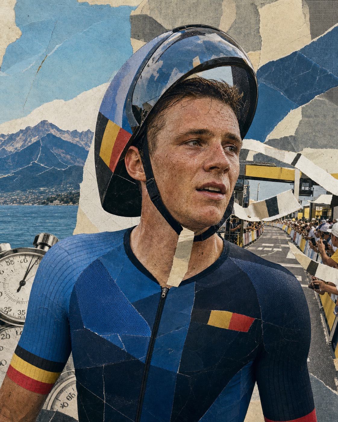 Editorial paper-collage portrait of Remco Evenepoel after winning Stage 16, with torn Belgian color blocks, timing bands, and the Thonon finish area layered behind him.