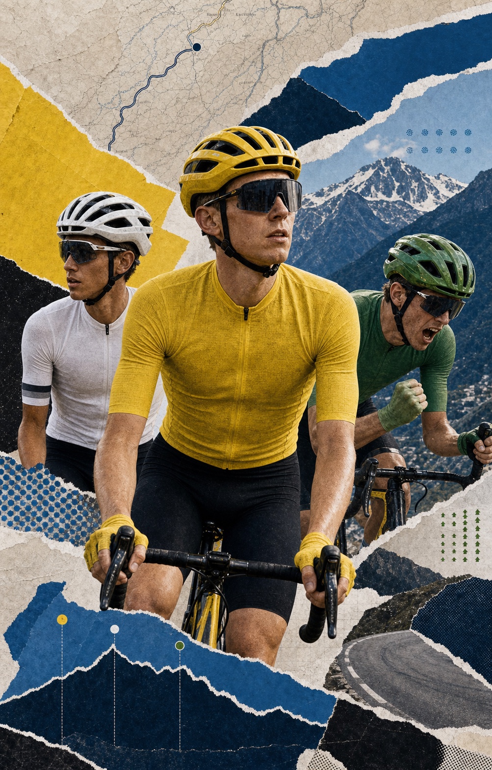 Editorial paper-collage illustration of Tadej Pogacar in yellow centered between Isaac del Toro in white and the green-jersey fight, with Alpine paper layers and profile graphics around them.