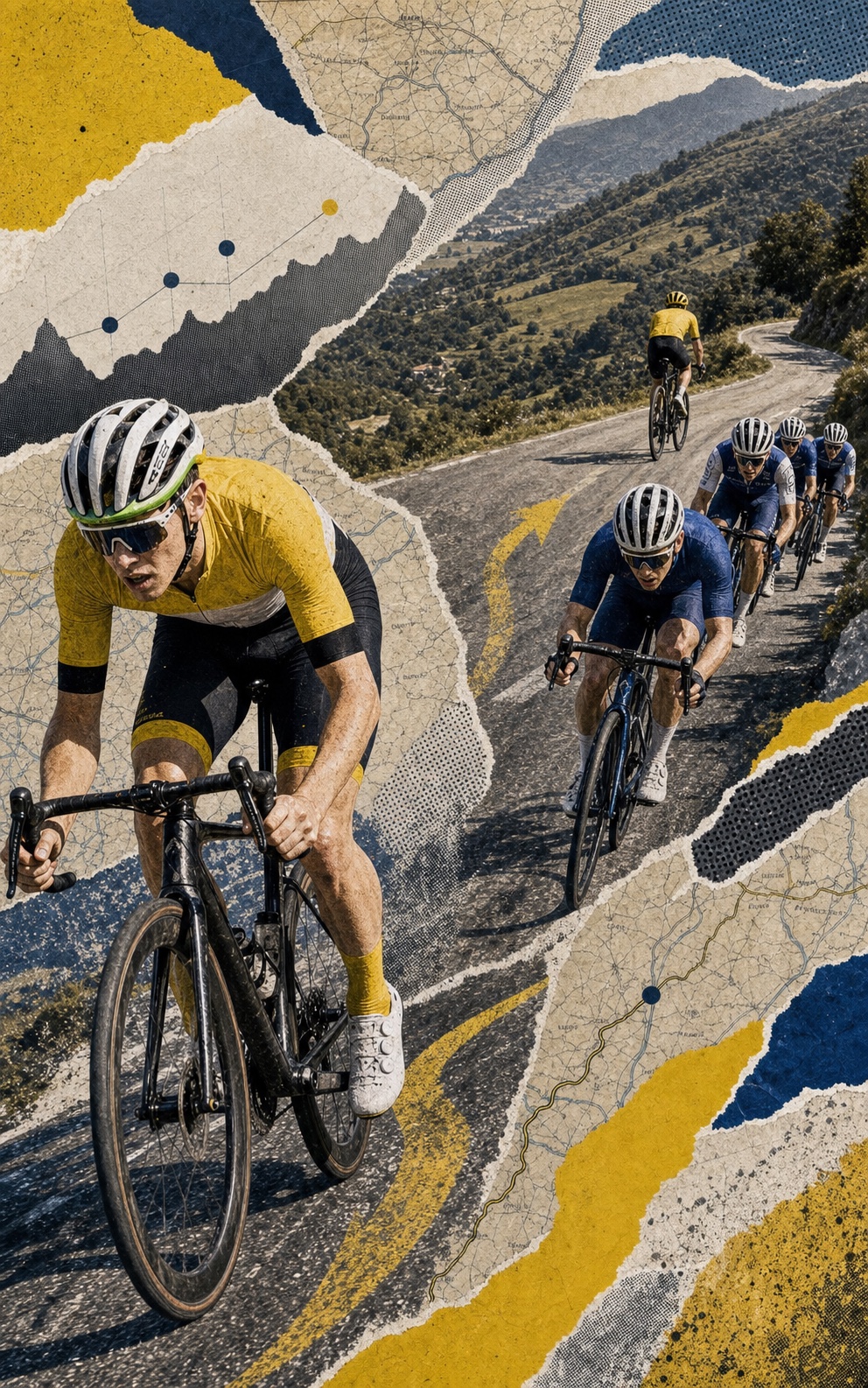 Editorial paper-collage illustration of Mads Pedersen driving a breakaway move while Jasper Stuyven rides clear ahead and a dark-blue chase line hunts behind through the Savoy foothills.