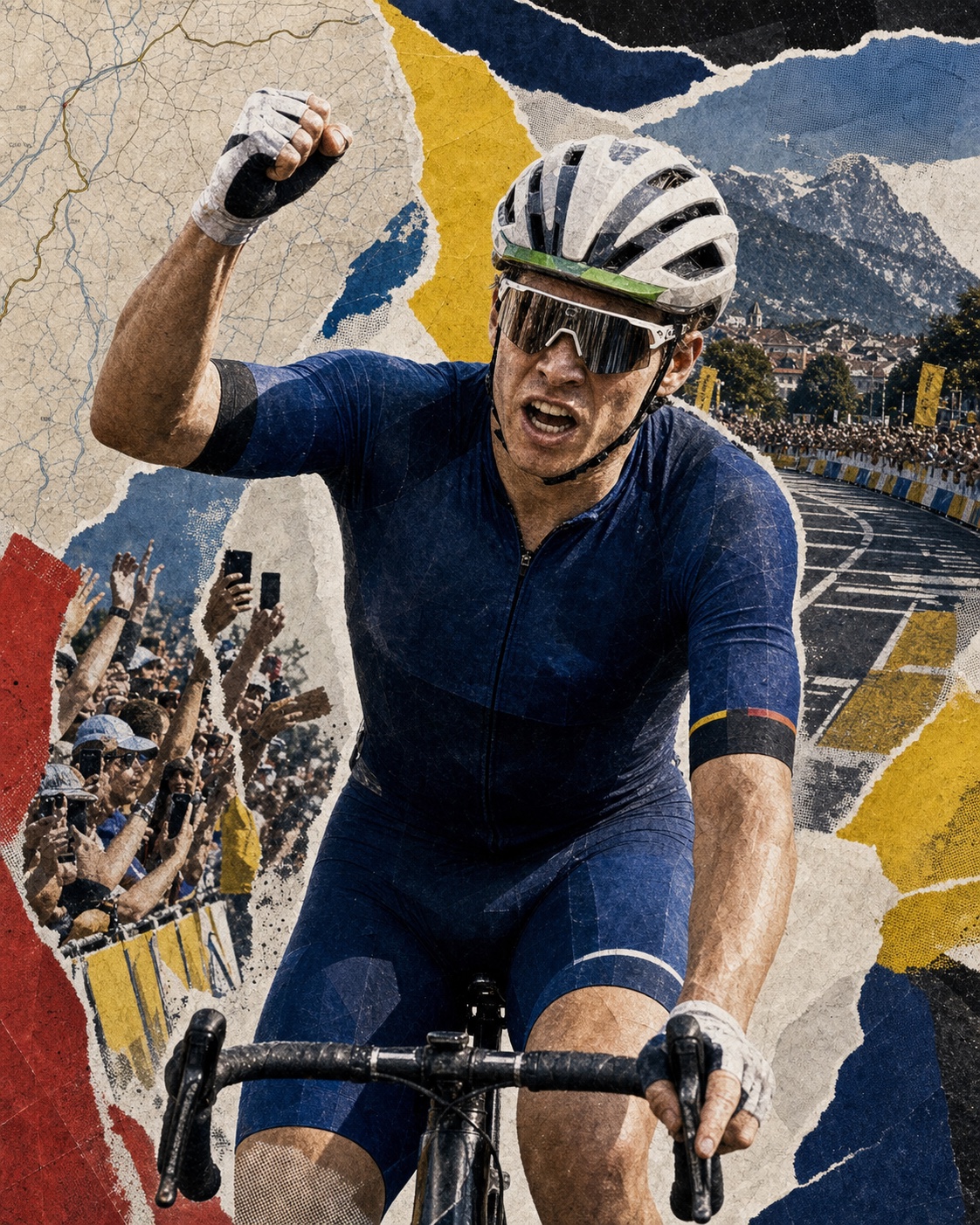 Editorial paper-collage portrait of Jasper Philipsen powering across the line in Voiron with one fist raised, crowd barriers, torn paper textures, and Alpine skyline fragments behind him.